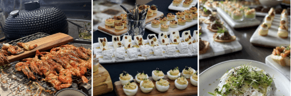 Buffet Traiteur: Crevettes grillées et canapés apéritifs chics. Barbecue de crevettes juteuses, suivi d'un buffet traiteur: canapés, fromages élégants aux noix et œufs mimosa gourmands.