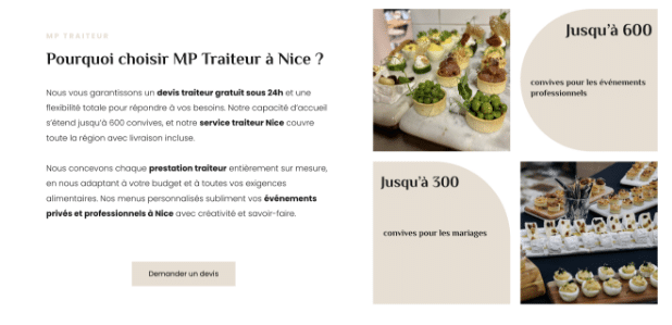 MP Traiteur Nice : Devis gratuit 24h pour vos événements (600 convives) Buffet de canapés élégants MP Traiteur Nice. Service personnalisé pour événements privés (300 convives) et professionnels (600 convives). Devis gratuit 24h.